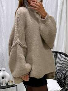 Women Casual Long Sleeve Fall Sweaters High Neck Solid Color Soft Ribbed Knitted Oversized Pullover Loose Fit Jumperih - Khaki - View 10