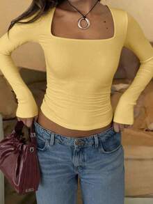 Cropped Casual Square Neck Double-Layer Fitted T-Shirts For Women, Suitable For Spring And Summer - Light Yellow - View 7