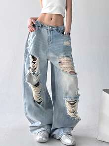 Y2K Girls Vintage Washed Distressed Loose Straight Leg Jeans, Casual & Snug Fit - Blue - View 1