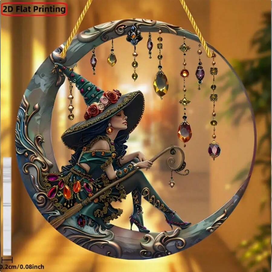 1件亚克力女巫帽装饰品，彩色玻璃艺术壁挂，适用于庭院、花园、卧室家居装饰、万圣节装饰，2D - 多色-金繩 - 查看 1