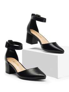 Women Pointed Toe Low Chunky Heels Pumps Ankle Strap Elegant Versatile Simple Shoes - 黑色 - 查看 1