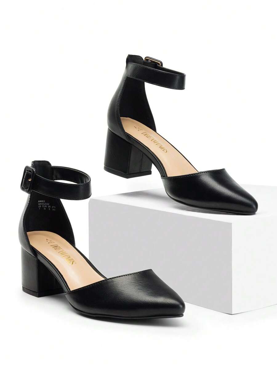 Women Pointed Toe Low Chunky Heels Pumps Ankle Strap Elegant Versatile Simple Shoes - 黑色 - 查看 1