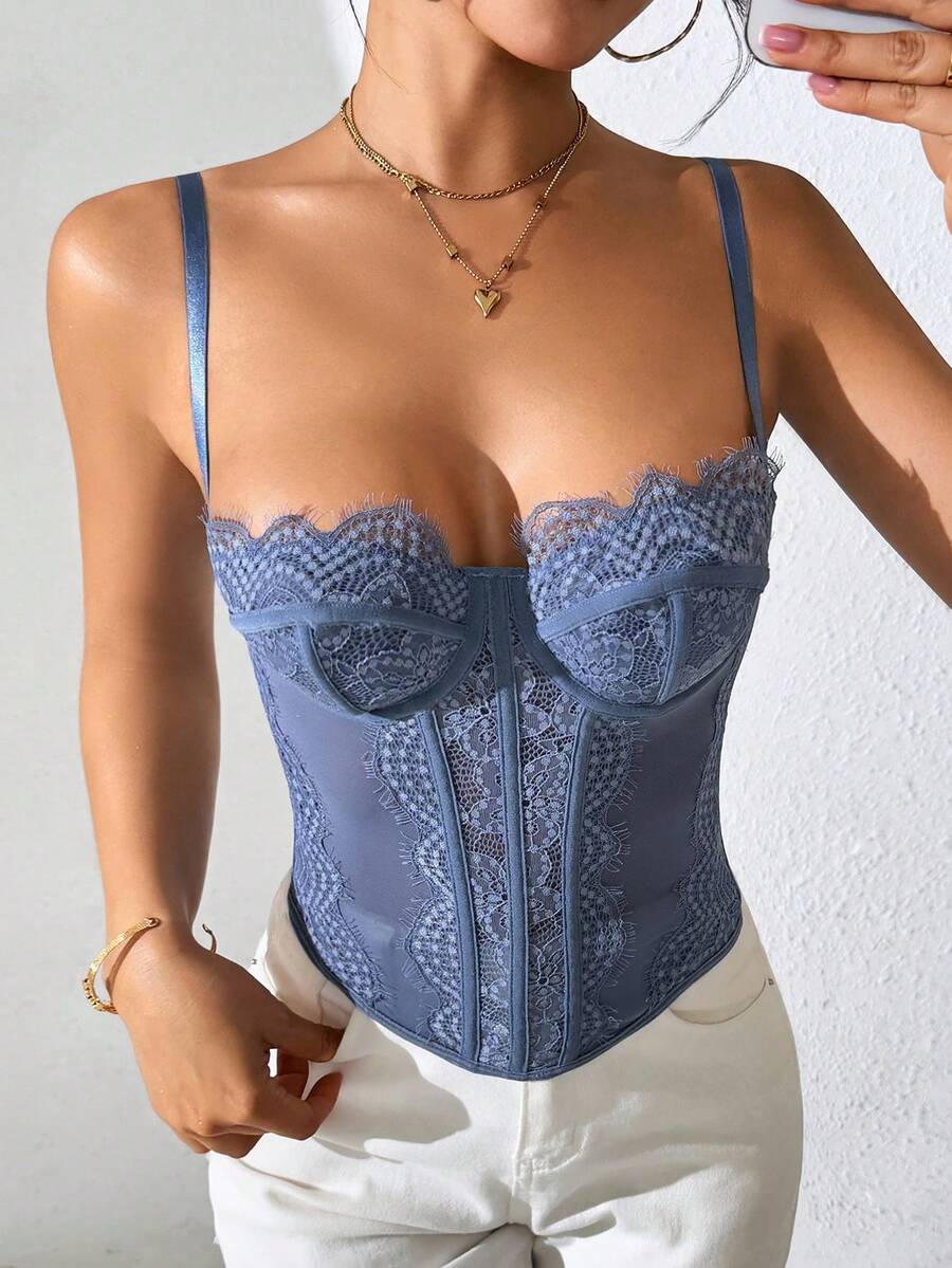 Lace Bustier Corset | Mesh Insert Spaghetti Straps Slim Fit Top - Màu xanh bụi bặm - Xem 1