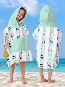 SHENG CHUN Original Design Cute Animal Striped Print Children's Hooded Robe, Suitable For Multi-Age, Absorbent, Large Pocket, Super Soft Fiber, Essential For Home, Beach, Swimming, Bathing, Spa, Can Dry Hair & Body, Non-Shedding, Reusable
