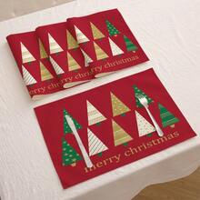 1pc/4pcs/6pcs/60pcs Christmas Placemats, Christmas Red Christmas Tree Star Linen Placemats, Merry Christmas Stain Resistant Placemats, Suitable For Home, Dining Room And Restaurant, Tabletop Decor, Home Goods