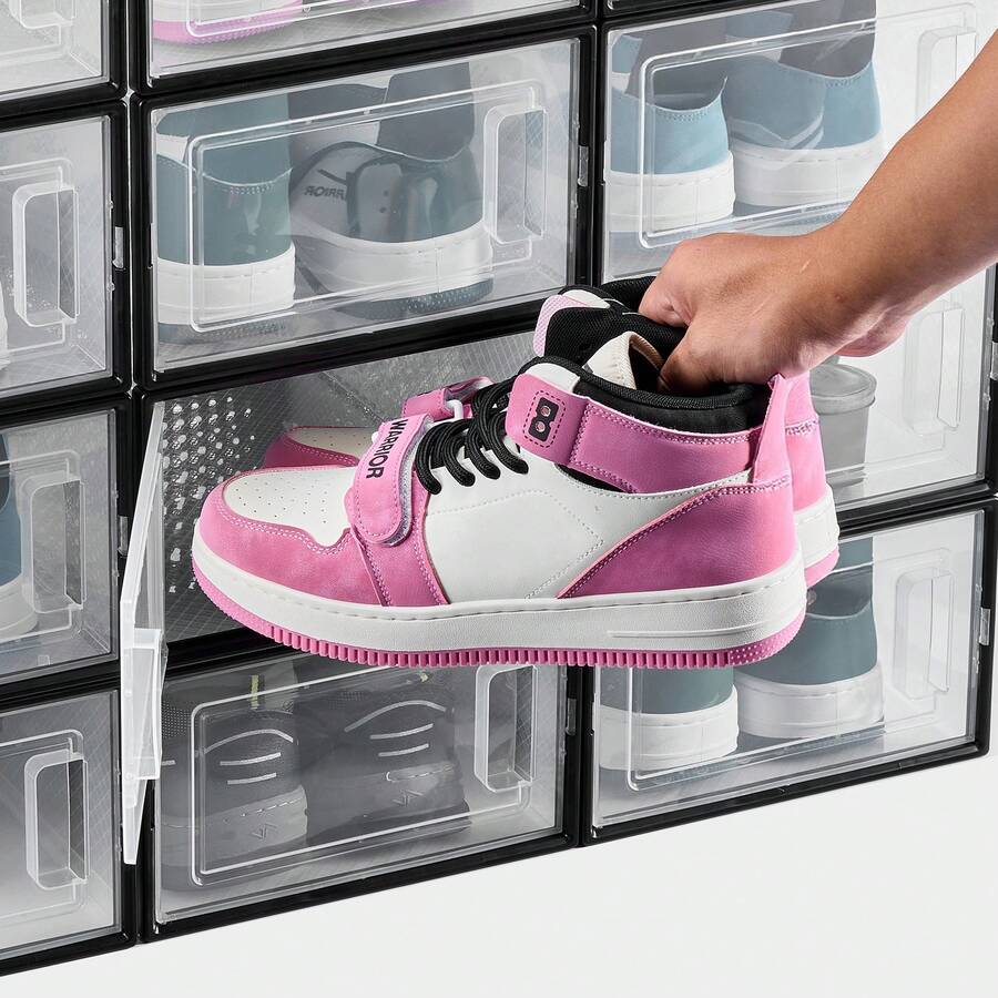 Shoe Storage Boxes, 12 Pack Stackable Shoe Boxes Storage Organizers, Fit Up To US Size 11, Plastic Modular Space Saving Sneaker Containers For Storing High Heels, Boots, And Hats, Black Frame - Black - View 1