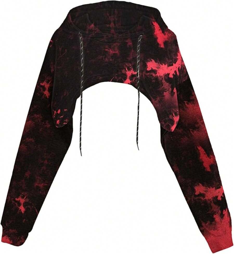 Sudadera corta con capucha de manga larga con cordón para mujer - Negro Rojo - Ver 1