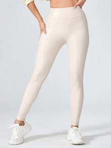 1 Quần legging tập yoga PU co giãn cạp cao màu trơn cho nữ, Quần thể thao nâng mông cho các hoạt động ngoài trời - trắng - Xem 2