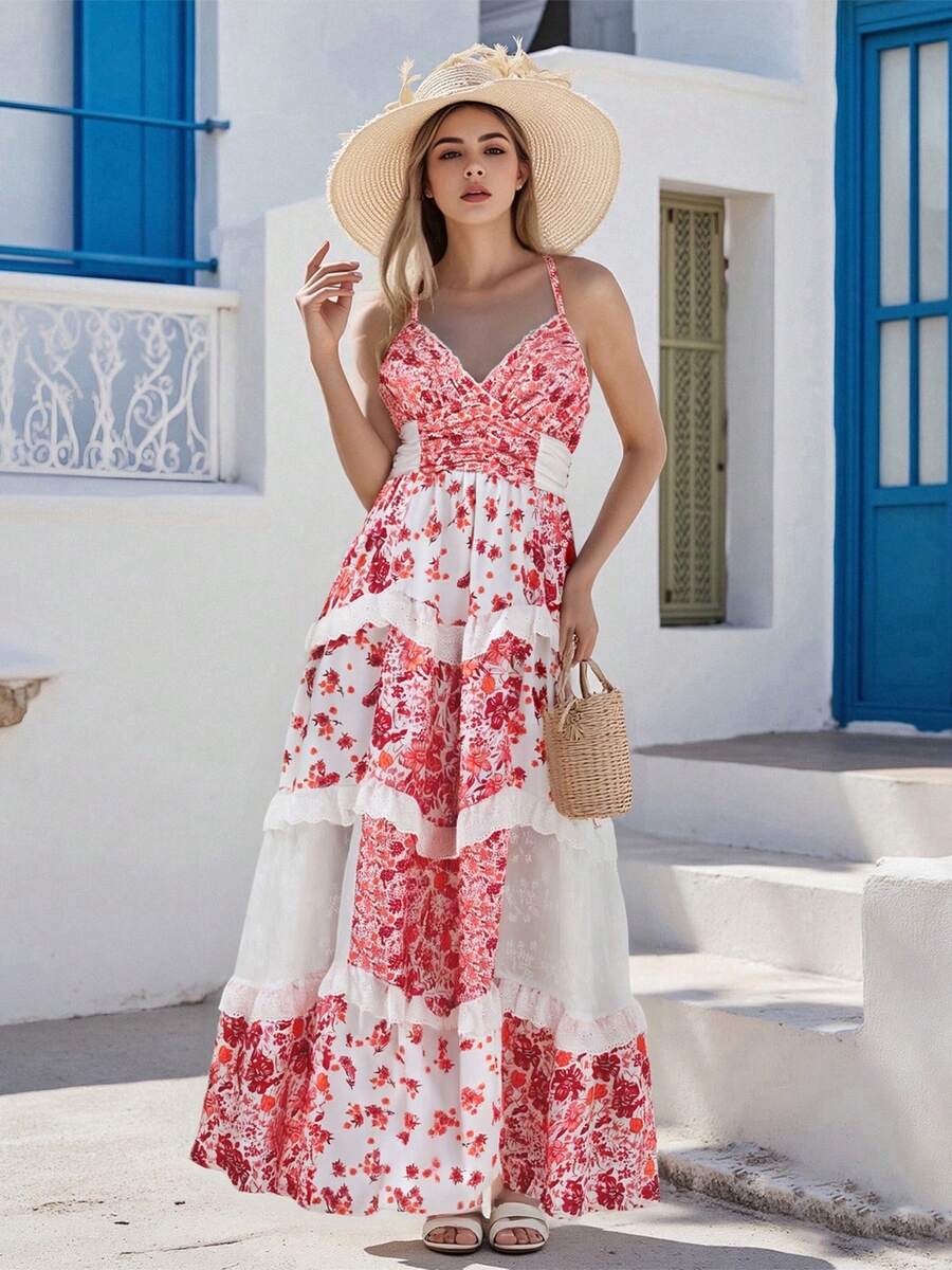 Vestidos de verano para mujer, vestido largo de playa con tirantes finos, estampado floral, estilo bohemio, corte en A, vestido largo fluido para invitada de boda. - Rojo - Ver 1