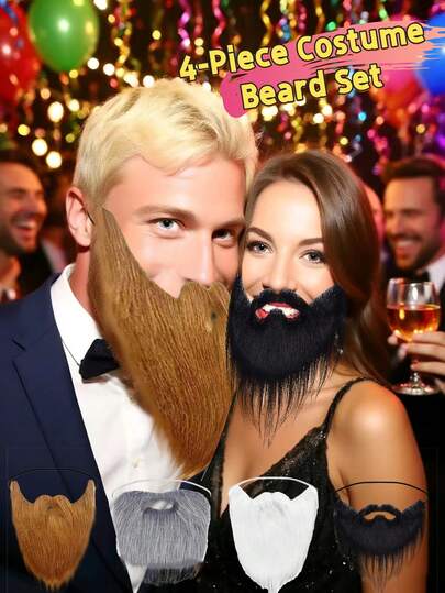 4pcs Funny False Beards And Mustaches Combo Set, Holiday Party Costume, Masquerade Outfit, Event Atmosphere Accessory, Suitable For Cosplay, Stage Performances, Disco, Birthday Celebrations, Carnival, Halloween, Christmas, Bar Clubs, Themed Parties, Perfect Holiday Gift