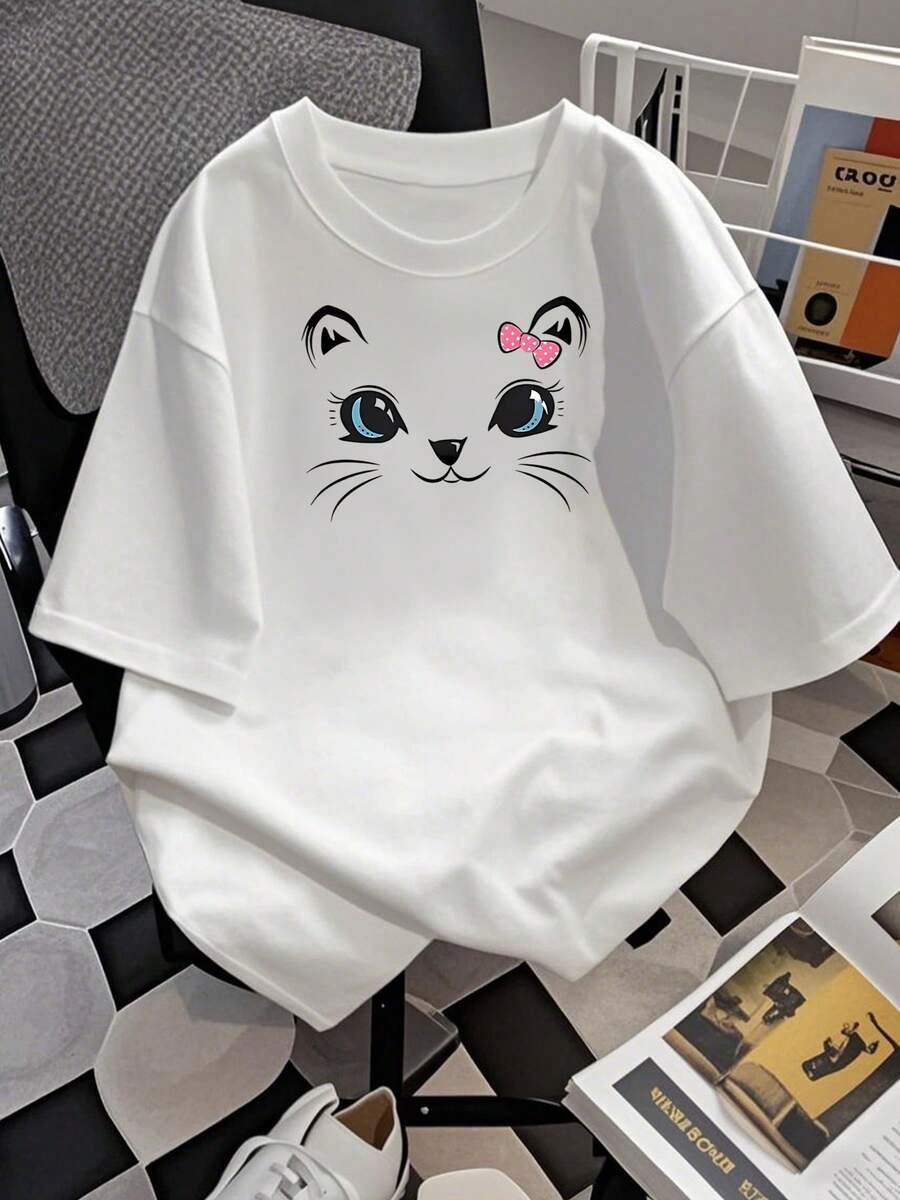 Camiseta con estampado de cara de gato para mujer, estilo casual, suave y cómoda, cuello redondo a la moda, disponible en varias tallas, ¡ideal para regalar! Talla extragrande. - Blanco - Ver 1