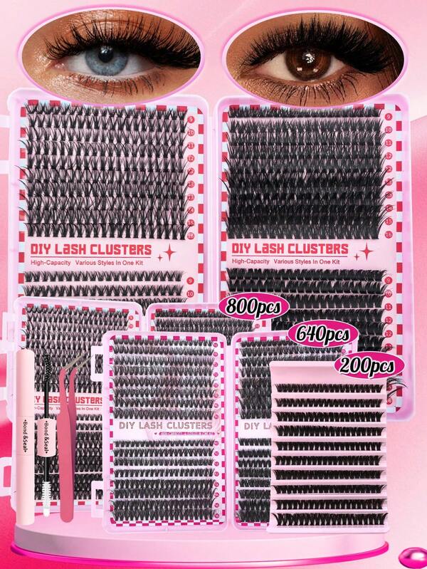 800/640/200PCS Fluffy Eyelash Cluster Book, 3 Styles Mixed 30D/40D/60D/80D/100D, Lightweight & Comfortable, Soft Natural Feel, Extra Volume For Glam Look, Easy To Apply & Remove, Reusable , Beginner-Friendly, Includes Glue, Remover, Tweezer & Brush, Perfect For Daily Natural Makeup Or Party