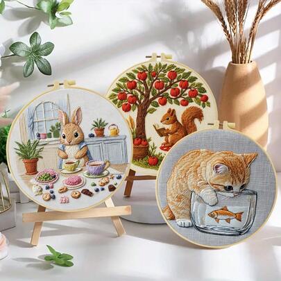 1 Piece Embroidery Set, 15x15cm/5.9x5.9 Inches, 20x20cm/7.9x7.9 Inches, Handmade DIY Embroidery Set, Cute Squirrel, Rabbit, Cat Pattern, Suitable For Adult Beginners, Including Embroidery Cloth, Instruction Manual, Embroidery Frame And Needle, Gifts For Friends And Family, Furniture, Office Handmade Artwork. For Animal Lovers