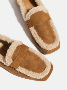 女装时尚2025秋冬新款毛绒保暖软底通勤平底棕黑色方头一脚蹬舒适百搭仿羊毛休闲复古乐福鞋 - 棕色 - 查看 9