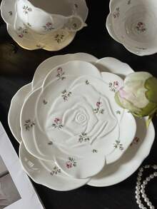 1 pieza Juego de taza y platillo de café de cerámica con flores y rosas estilo coreano Ins, taza de latte con estilo romántico francés para el té de la tarde, plato ondulado con flores estilo campo, plato Ins para aperitivos, plato para pastel y postre, vajilla de restaurante, adecuado para reuniones en el jardín y todas las estaciones