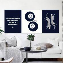 3 piezas de arte de pared sin marco con estampado de bola 8 y guepardo en azul marino, póster de arte minimalista de moda preppy, decoración estética para dormitorio, apartamento, sala de estar, dormitorio, decoración moderna del hogar