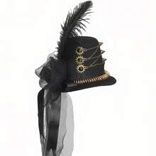 Steampunk Mini Top Hat, Mechanical Gear Punk Black Hair Clip Hat, Black Small Hat, Rivet Decor, Best Gift For Halloween, Vintage Veil Fascinator Hat For Masquerade Ball, Costume Party, Photography Props