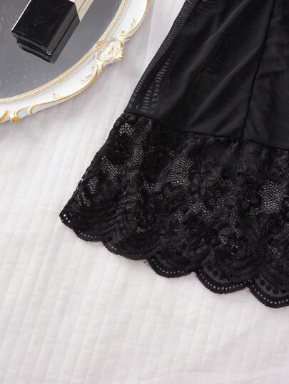 Ning xue yan ying Piece Zwart Verleidelijke Neck Hollow Out Sling Dress Temptation Kanten Multi Arm Mesh Teasing Short Sleeping Skirt Underwear Pajama Home Clothes Set, Bridal Lingerie, Rave Going view 8