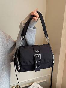 1 geantă de umăr din nailon negru de dimensiuni medii, cataramă metalică și fermoar decorativ, stil casual pentru uz zilnic