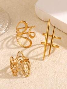 3pcs Stainless Steel 18K Gold Plated Summer Minimalist Geometric Line Adjustable Ring Set Suitable For Women's Daily Wear - Multicolor - View 3