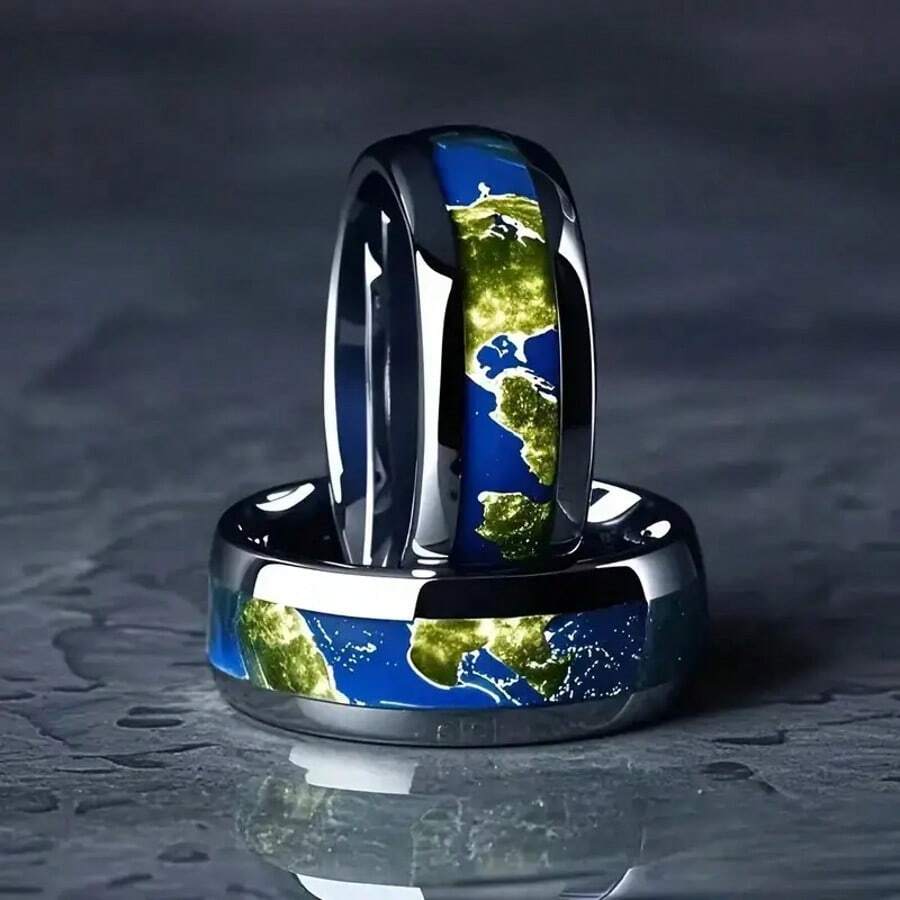 1pc Stainless Steel Ring With Starry Sky & Earth Pattern: Engraved With The Eternal Metal, The Fiery Love Of The Universe. The Earth, With An Incorruptible Ring Body, Expresses Love And Respect For The Earth.