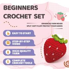 1 pieza Conjunto de crochet de fresa para principiantes, kits de postres de ganchillo con tutoriales de video paso a paso, fácil de aprender para principiantes, una actividad de bricolaje entretenida y agradable (accesorios en color aleatorio)