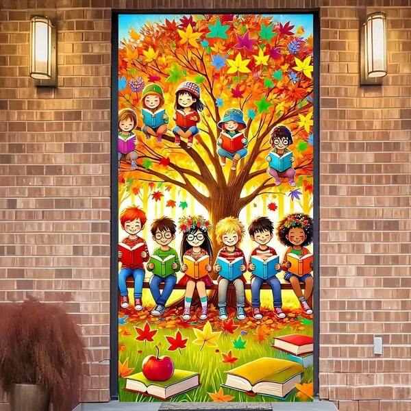 1 pieza Cenefa para puerta, 1 pieza Cortina para entrada escolar, Cortina de ventana con diseño de árbol de otoño colorido para rincón de lectura, Decoración del hogar para colgar en la pared o como partición de entrada - Diseño educativo y divertido para espacios acogedores