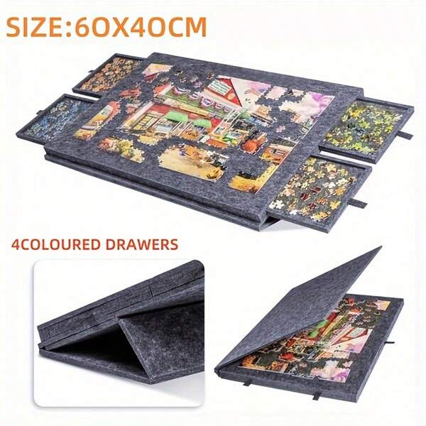 1 conjunto de tapetes de feltro dobráveis/de suporte para quebra-cabeças com 4 gavetas, adequado para jogos de quebra-cabeça de até 500 peças, tapete de quebra-cabeça grande dobrável portátil