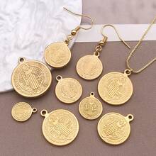 2pcs Stainless Steel Round Charm St Benedict Medals Cross Pendant Christian Metal Saint Pendant For Keychain Door Hanger Necklace DIY Jewelry Making - Gold - View 6