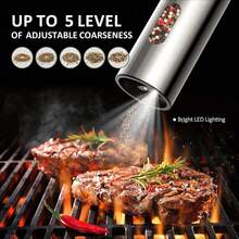 Rechargeable Pepper Grinder Set Electric Salt Shakers With Dual Charging Base, Upgraded Stainless Steel, Adjustable Coarseness & LED Light - Silver - View 7