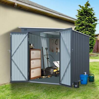 6x8FT Galvanized Steel Outdoor Storage Shed With Lockable Double Doors, Metal Lean To Shed With Free PC Light Board For Tools, Bikes & Patio Essentials (Without Floors)