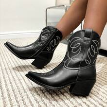 Damen Stickerei Quadrat Absatz Knie-Hohe Cowboy Stiefel - Eleganter Festlicher Stil - Schwarz - Übersicht 2