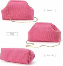 Beach Clutch,Woven Clutch Purses,Cloud Dumpling Pouch Purse,Crossbody Bags,Hollow Evening Bag Women - 粉色 - 查看 2