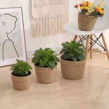 1pc Handwoven Straw Planter Basket, Wicker Plant Pot Cover For Home, Living Room Decor