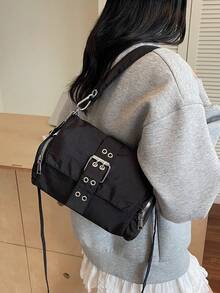 1 geantă de umăr din nailon negru de dimensiuni medii, cataramă metalică și fermoar decorativ, stil casual pentru uz zilnic