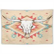 1pc Western Bohemian Cow Head Bone Tapestry - Rustic Farmhouse Wall Decor With Geometric Patterns, Polyester Fabric, Perfect For Living Room Or Bedroom, Bedroom Wall Decor|Rustic Farmhouse Style|Polyester Tapestry, Cow Decor - Màu sắc hình ảnh - Xem 7