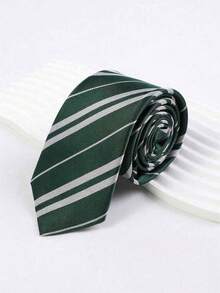1pc Men's 2.8 Inch Dark Green & White Striped Necktie, Collegiate Style