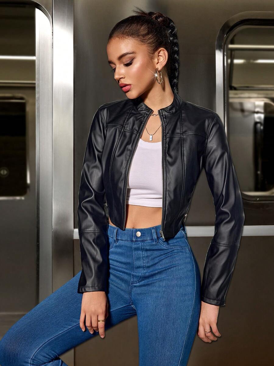 女式 PU 皮革前拉链修身夹克，时尚百搭外套，打造休闲时尚造型，秋季