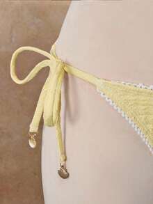 Bellisia Swim Vcay 2pcs Women Sexy Lace Trim Jacquard Triangle Bikini Set, Simple Strap Tie Up Halter Yellow Bikini Set With Gold Shell Decor