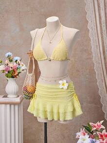 Bellisia Swim Vcay 2pcs Women Sexy Lace Trim Jacquard Triangle Bikini Set, Simple Strap Tie Up Halter Yellow Bikini Set With Gold Shell Decor