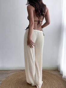 法式休闲条纹蕾丝提花透明女裤 - 杏色 - 查看 4