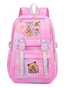 Cute Capybara Soft Nylon Backpack - Lightweight, Large Capacity, Plush Ball Decor, Suitable For School And Commute, Available In Blue/Rose Red/Pink/Purple, Travel Backpack, Back To School Gift, School Supplies, Essentials, Sprayground Backpack, Office Supplies, Valentine's Day Gift - Multicolor - View 11