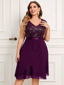 Plus Sleeveless Sequin Contrast Chiffon Ruffle Trim Hem Formal Party Swing Dress Semi Formal Dress, For Wedding Guest, Birthday, Graduation, Homecoming - Maroon - View 5