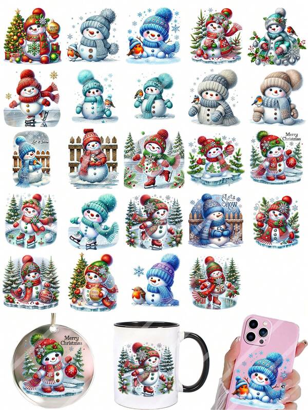 4 Sheets Cute Christmas Snowman 24 Patterns DIY UV DTF Rub On Transfer Stickers Crafts, Junk Journal, Tumbler Glass Jars, Coffee Mugs Cup Wraps Decor, Greeting Cards Decal Stickers, Illustration, Scrapbooking, Christmas Tree Ornament Transfer Stickers, Xmas Party Home Decor, 6.8cm
