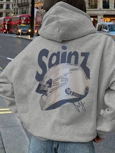 Sudadera con capucha de manga larga con bolsillo con cordón, estampado de tema de carreras, estilo de moda callejera gris, para fans de F1, adecuada para otoño e invierno, ropa de otoño y ropa de invierno para mujer de talla grande
