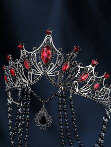 1pc Women's Baroque Tassel Crown, Elegant Faux Pearl Headpiece, Goddess Tiara, Black Vintage Costume Accessory Valentine's Day Accessories,Wedding Hair Accessories - Đỏ - Xem 5