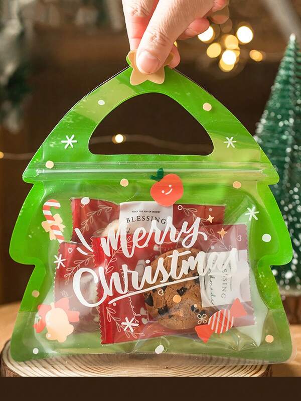 5/25/50 Festive Christmas Gift Bags With Green Handles – Durable Plastic Gift Bags Suitable For Candies, Chocolates, And Cookies – Featuring Santa Claus, Christmas Tree, And Snowflake Designs, Ideal For Festive Gift Packaging, Christmas Eve Treats, And Holiday Decorations