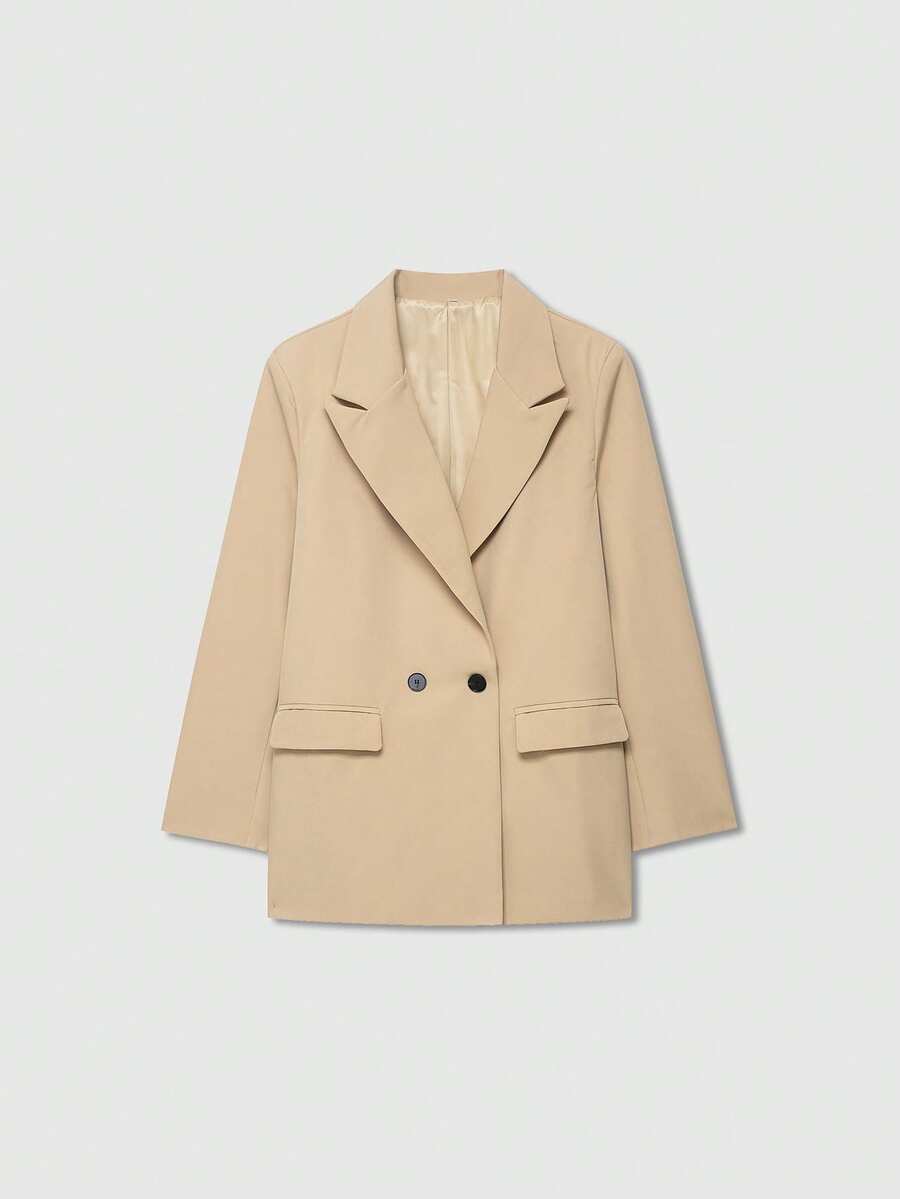 Chaqueta casual de mujer de corte holgado y doble botonadura con solapa, unicolor de manga larga, minimalista y de moda, adecuada para primavera/otoño/invierno - Caqui - Ver 1