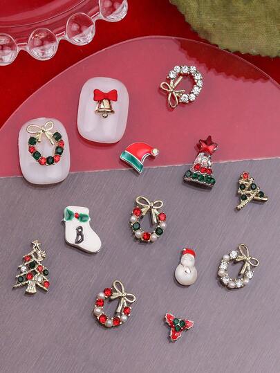 10 款金属随机混合圣诞花环铃铛圣诞树美甲饰品蝴蝶结彩钻圣诞美甲装饰立体 DIY 圣诞美甲。
