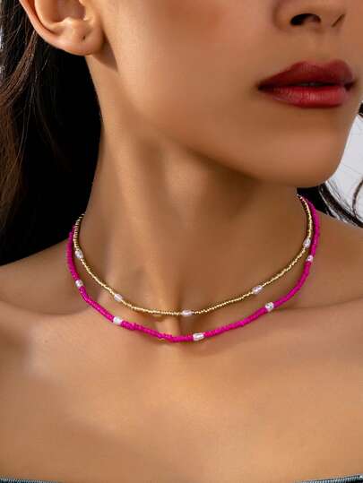 2pcs Elegant Luxury Pearl Beaded Choker Necklace Set For Women